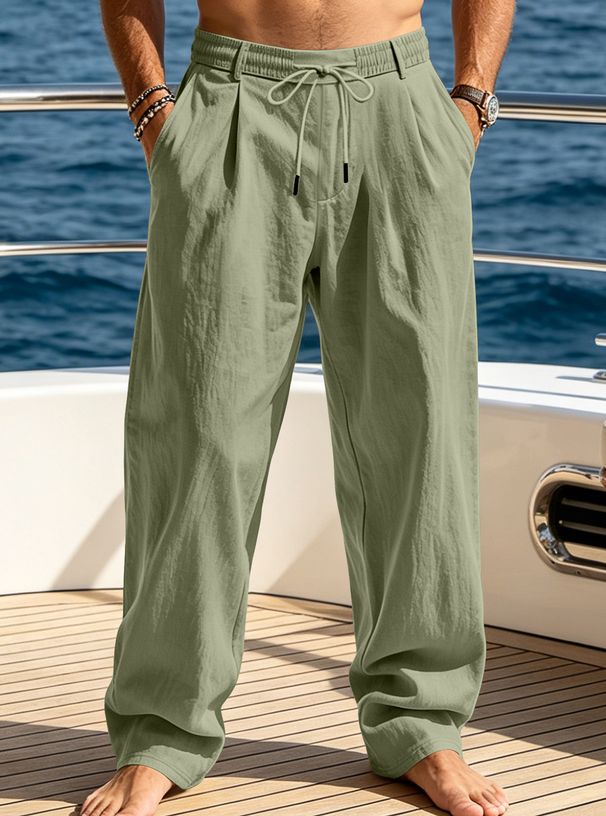 Breathable Cotton Linen Casual Trousers For Men, Loose Fit Straight Leg Summer Beach Pants, Lightweight Comfortable Walking Hiking Travel_viptrois.com