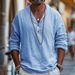 Men's Black Cotton Linen Henley Collar T-Shirt Long Sleeved Loose Fit Breathable Versatile Vacation Style Top New_viptrois.com