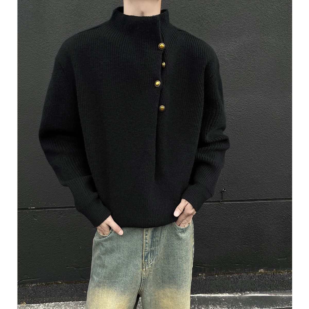 Men's Clothing Men’s High Neck Knit Sweater – Asymmetrical Button Oversize Pullover (Black/Wine/Grey/White/Navy) – Korean Streetwear Style_viptrois.com