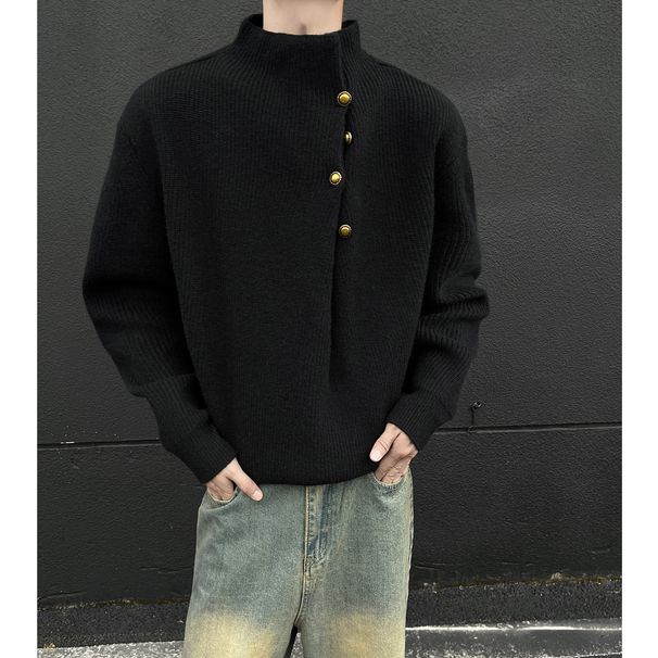 Men's Clothing Men’s High Neck Knit Sweater – Asymmetrical Button Oversize Pullover (Black/Wine/Grey/White/Navy) – Korean Streetwear Style_viptrois.com