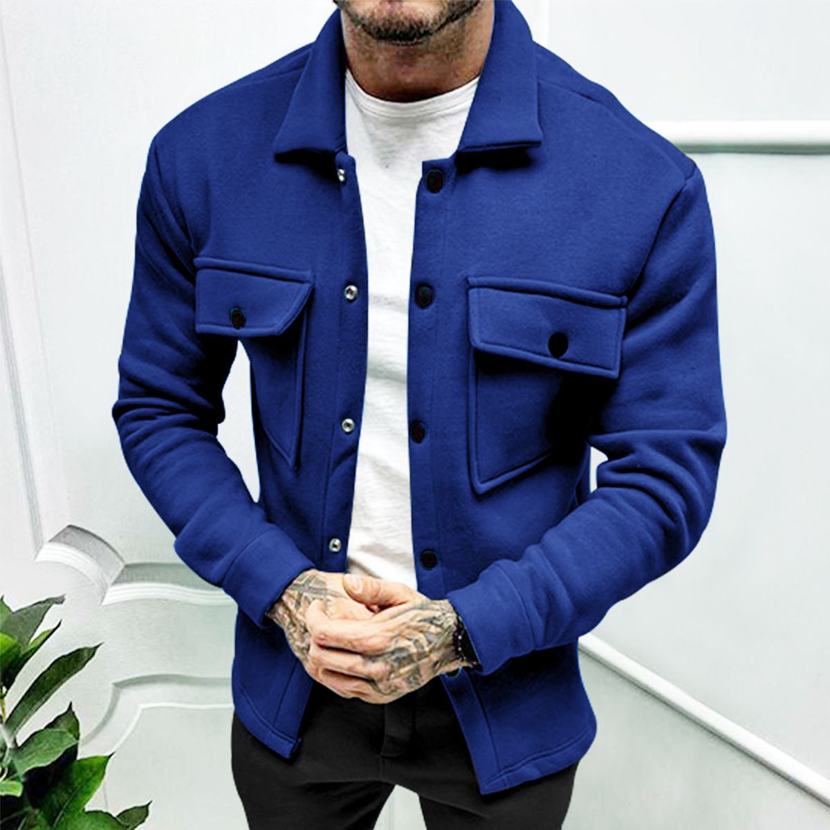 2025 Autumn European And American Men's Fashion Casual Solid Color Button Pocket Long Sleeve Jacket Fleece Casual Jacket_viptrois.com