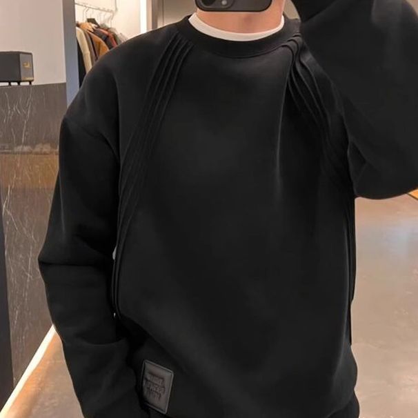 Spring and Autumn New Simple Splicing Casual Hoodie with Men's Line Design Versatile Round Neck Bottom Shirt Long Sleeve_viptrois.com