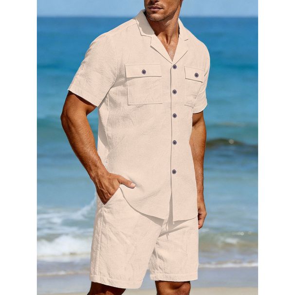 Men's Linen Long Sleeve Casual Top And Five Quarter Shorts Fashion Set_viptrois.com