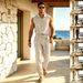 Men's Linen Blend Asymmetrical Button Shirt With Trousers Set, Breathable Cotton-Like Summer Outfit For Casual Wear, Sizes S To Xxxl_viptrois.com