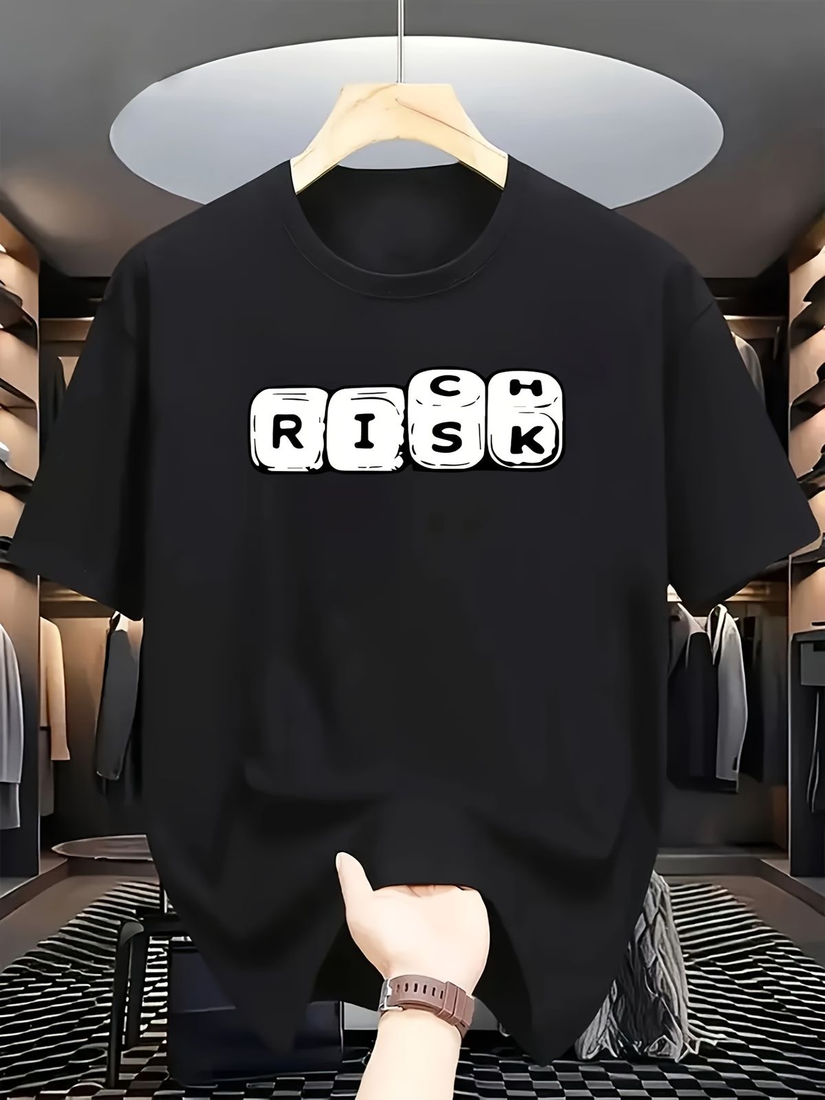 Maglietta Uomo 180g Cotone Puro Stampa Scritta Risk Morbida Lavabile Macchina Adatta Tutte Le Stagioni Vestibilità Regolare Streetwear_viptrois.com