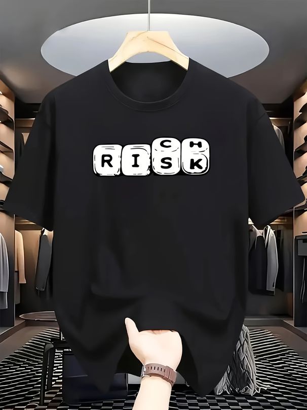 Maglietta Uomo 180g Cotone Puro Stampa Scritta Risk Morbida Lavabile Macchina Adatta Tutte Le Stagioni Vestibilità Regolare Streetwear_viptrois.com