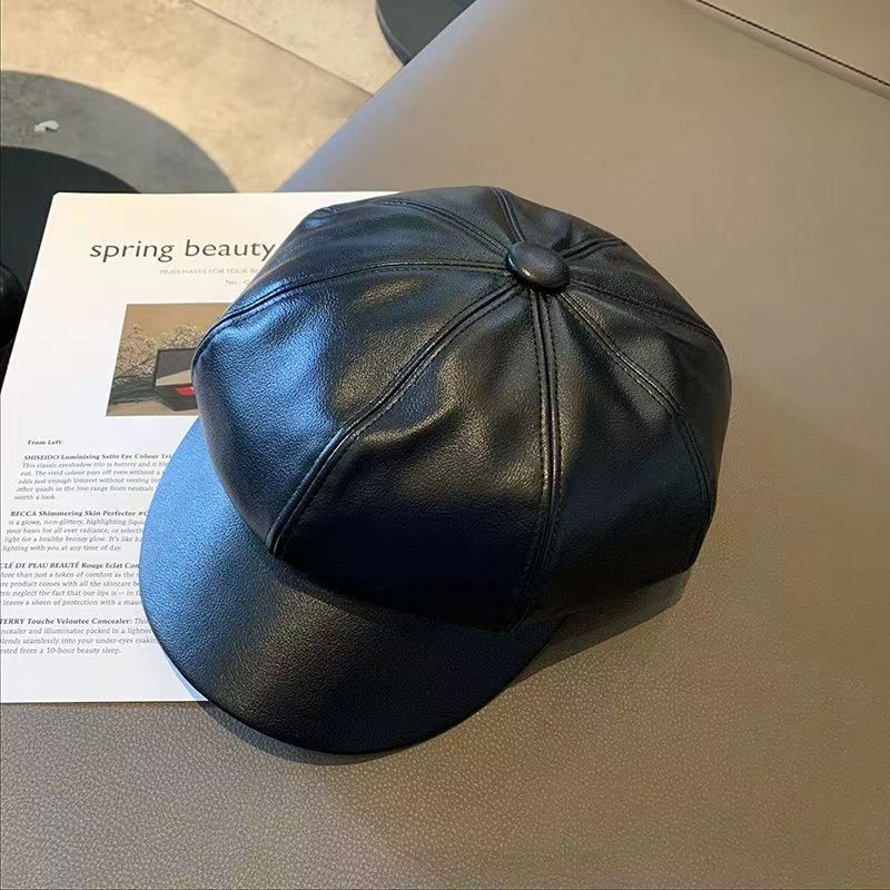 Korean Style Face-Slimming PU Beret Outdoor Elegant Fashion Octagonal Hat Internet Celebrity Trendy Duckbill Cap_viptrois.com
