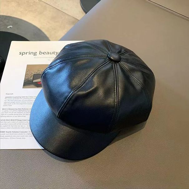 Korean Style Face-Slimming PU Beret Outdoor Elegant Fashion Octagonal Hat Internet Celebrity Trendy Duckbill Cap_viptrois.com
