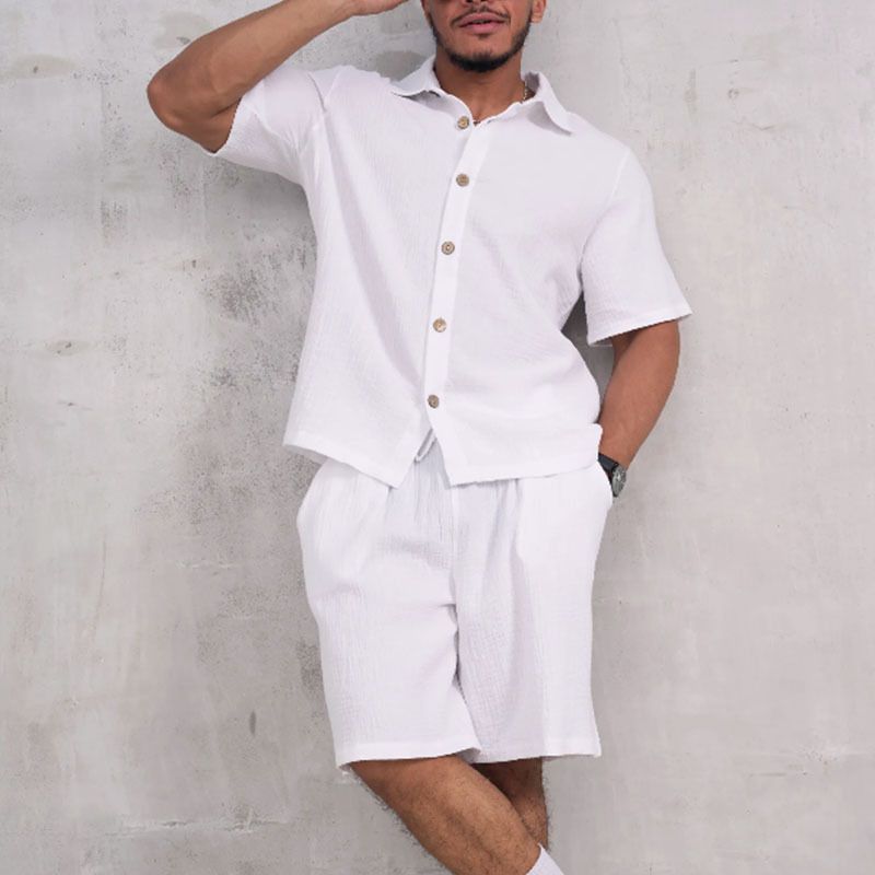 Men's Summer Short-Sleeve Shirt & Shorts Set – Breathable Polyester Casual Suit (Black/Blue/White/Gray, S-XXL)_viptrois.com