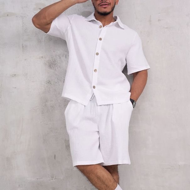 Men's Summer Short-Sleeve Shirt & Shorts Set – Breathable Polyester Casual Suit (Black/Blue/White/Gray, S-XXL)_viptrois.com