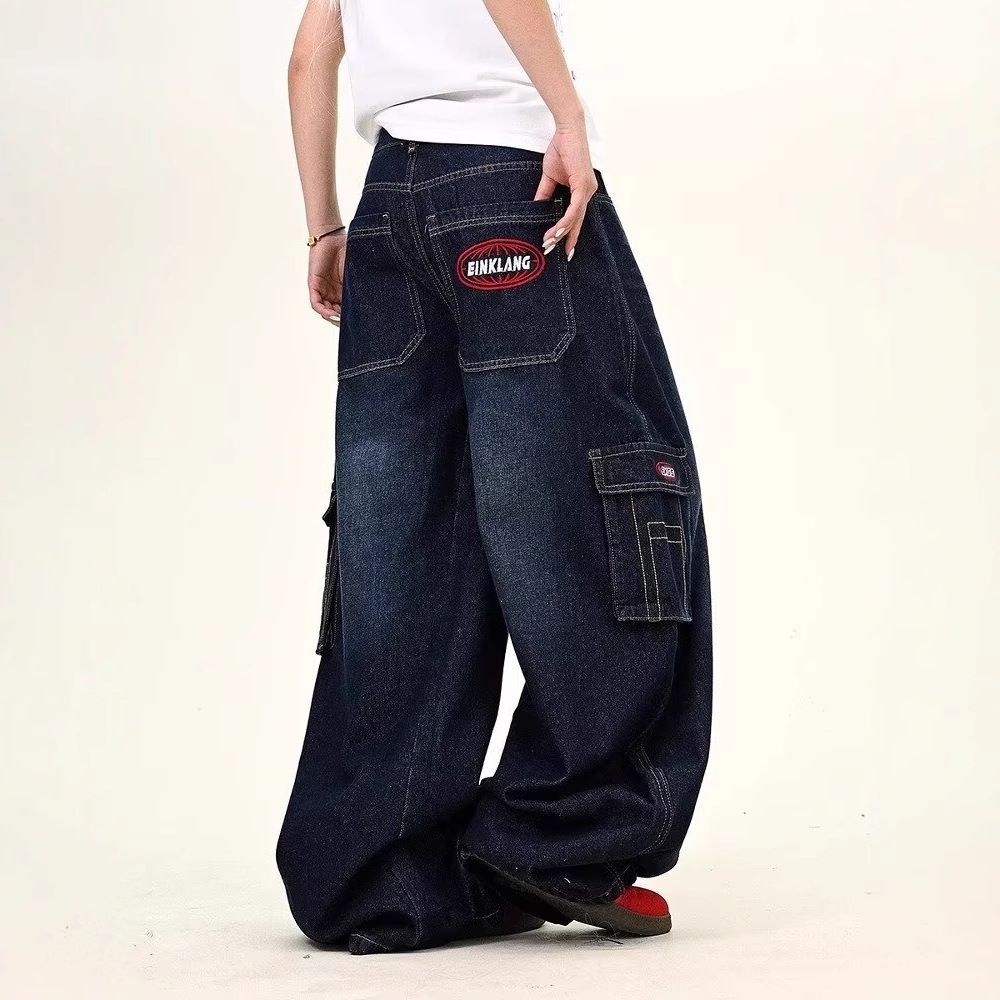 Vintage Cat Whisker Washed Distressed Jeans For Men & Women - Relaxed Fit Wide Leg Cargo Pants With Large Pockets_viptrois.com