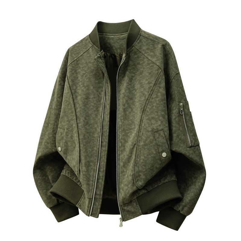 Men's Clothing Men's Distressed Color Baseball Jacket – Oversized Workwear Style, Breathable Polyester, Zip-Up Casual Coat (Black/Army Green/Gray)_viptrois.com