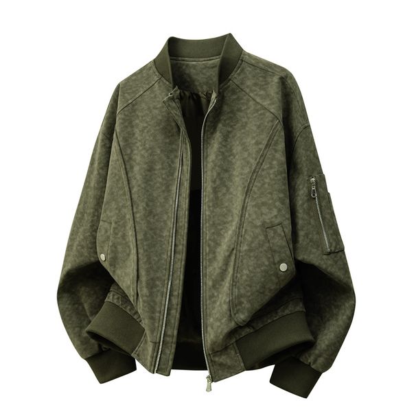 Men's Clothing Men's Distressed Color Baseball Jacket – Oversized Workwear Style, Breathable Polyester, Zip-Up Casual Coat (Black/Army Green/Gray)_viptrois.com