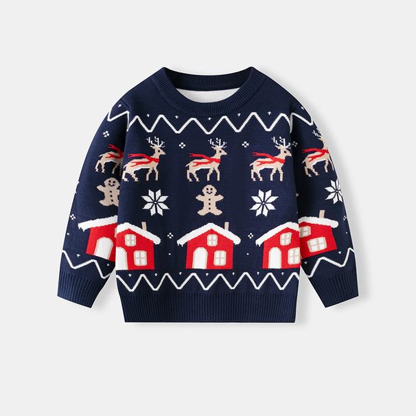 Cozy Christmas Kids Sweater With Reindeer & Snow House Print - Soft Knit Pullover For Boys & Girls (3Y-7Y, 90-130cm)_viptrois.com