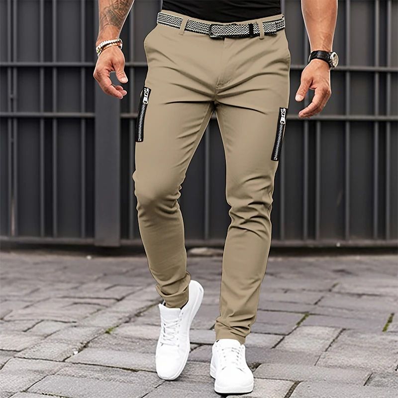 Men's Clothing men's solid color tight casual pants pure cotton zipper pocket all season belt leggings_viptrois.com