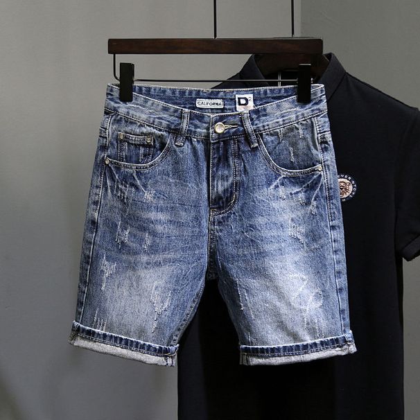 Summer New Style Scratched Vintage Slim Fit Denim 2025 Trendy Men's Fashion Personality Washed Blue 4-Point Shorts_viptrois.com