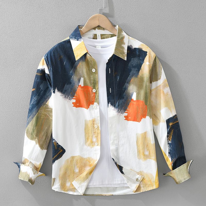 Men's Clothing Trendy Tie Dye Long Sleeved Shirt Fashionable And Versatile Artistic Casual Loose Tops_viptrois.com