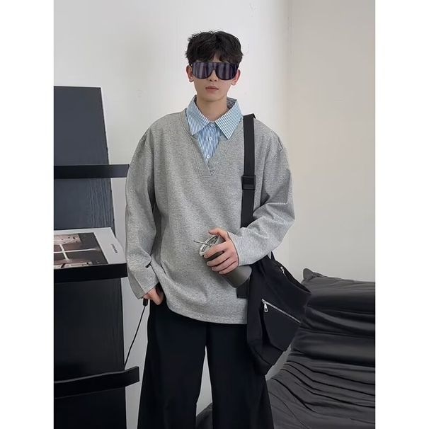 Collar Sweatshirt For Men And Women In Autumn, Contrasting Colors, Polo Collar Long Sleeved Pullover_viptrois.com