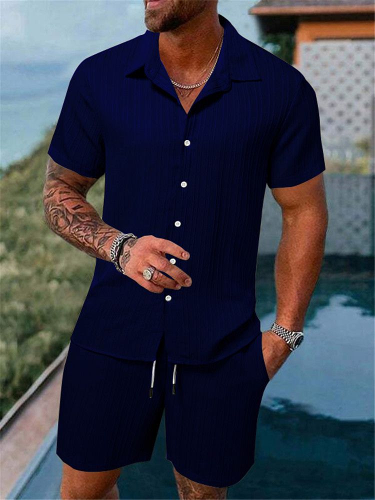 Man's Clothing 2024 New Men's Striped Lapel Shirt Shorts Trend Casual Sportswear Suit_viptrois.com