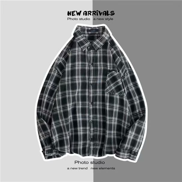 Nordmann Long Sleeve Men Spring Autumn Plaid Shirt Korean Style Couple Workwear Loose Casual Jacket Trendy_viptrois.com