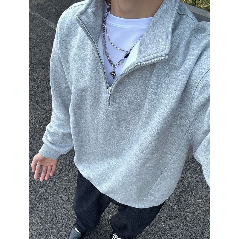 Men's Light Gray Half-Zip Sweatshirt - Heavyweight Casual Pullover With Stand Collar For Spring & Fall_viptrois.com