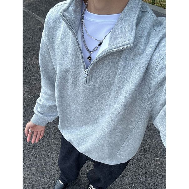 Men's Light Gray Half-Zip Sweatshirt - Heavyweight Casual Pullover With Stand Collar For Spring & Fall_viptrois.com