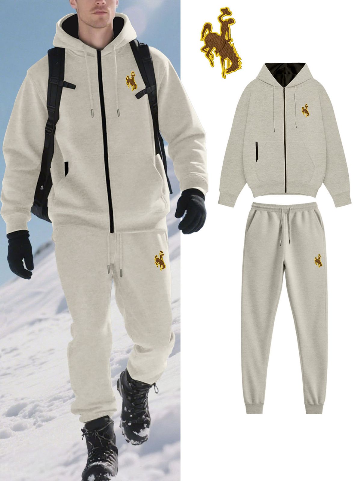 Men's Solid Color Fleece Hoodie & Jogger Set, Plush Lined Zip-Up Jacket With Matching Pants, Winter Loungewear_viptrois.com