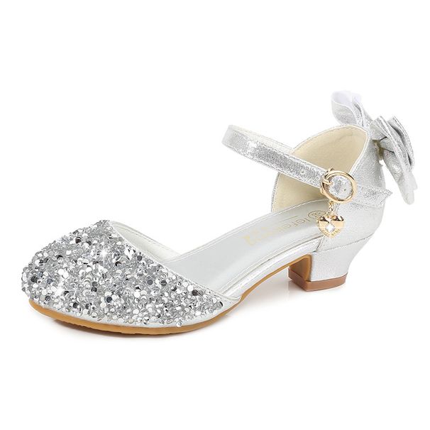 Girls High Heels Little Princess Performance Leather Shoes Silver Children's Matching Dress Middle And Large Children Catwalk Stage Crystal Shoes_viptrois.com