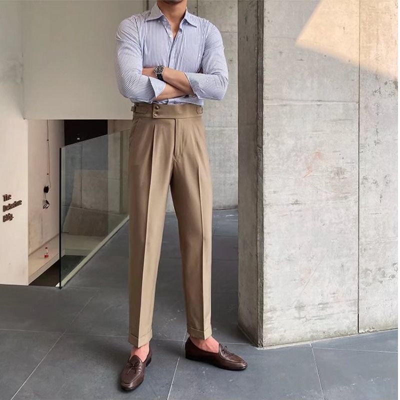 Men's Clothing Solid Color High Waist Nine Point Pants Temperament Casual Business Italian Paris Button Trousers Men's Trend_viptrois.com