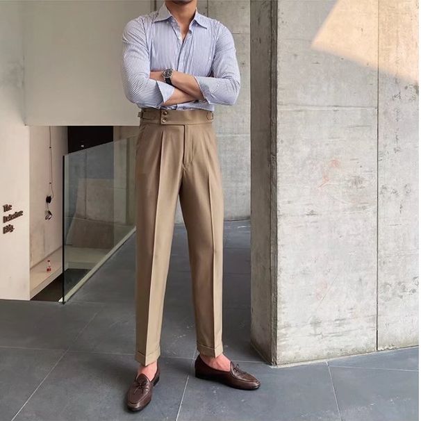 Men's Clothing Solid Color High Waist Nine Point Pants Temperament Casual Business Italian Paris Button Trousers Men's Trend_viptrois.com