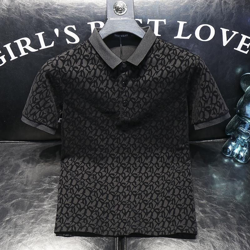 Men's Clothing High End Lapel Short Sleeved Polo Shirt Men's Summer Flocking Printing Slim Business Short Sleeved T Shirt E1923_viptrois.com