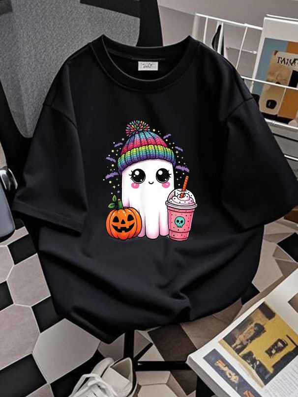 Spooky Cute Ghost Drinking Pumpkin Iced Coffee Halloween Bow T-Shirt Slightly Unisex Stylish T-Shirt For Women Casual Female Women Versatile Casual Designer Clothes Fashion Women Top Graphic Tees Breathable Soft Stretched Summer Graphic Streetwear_viptrois.com