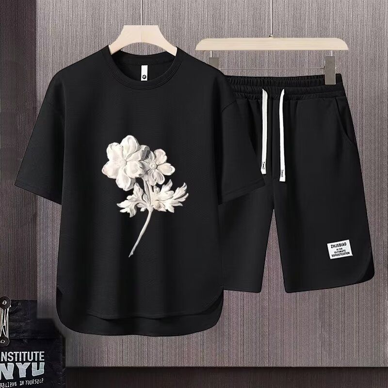 Men's Clothing 2024 Waffle Casual Summer Suit Men's Loose Teen Short sleeved T shirt Shorts Handsome Two piece Suit_viptrois.com