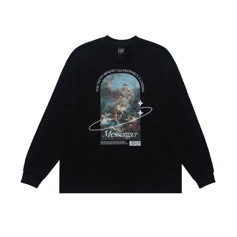 American Street Style Round Neck Long Sleeve English Print T-Shirt Men And Women, Casual Versatile Top For_viptrois.com