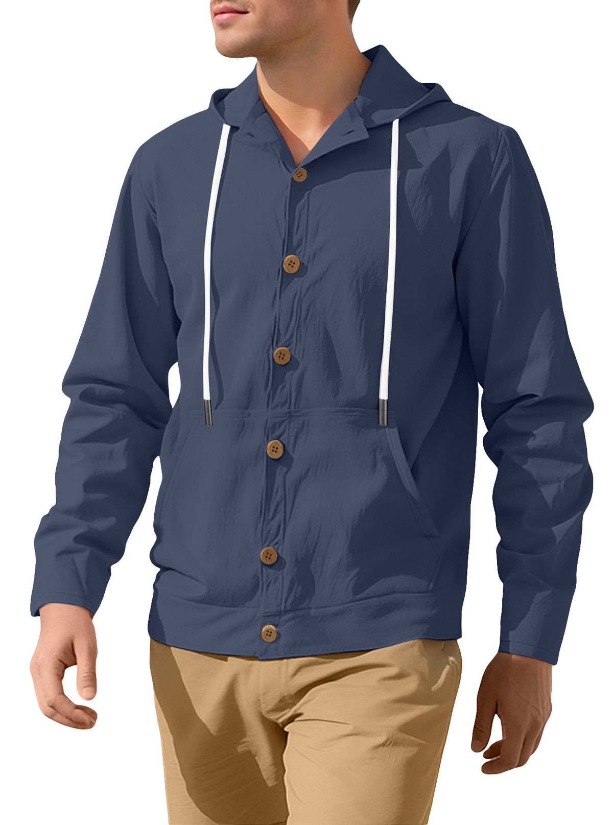 Spring And Autumn Men's Button Down Shirt Loose Linen Casual Simple Beach Hooded Long Sleeved Jacket_viptrois.com