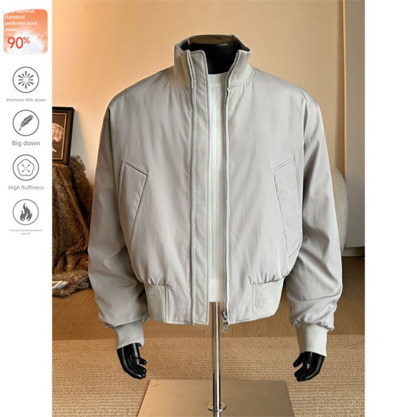 90 White Duck Down Men's Winter American Style Short Oversized Flight Stand Collar Thickened Baseball Cotton Jacket_viptrois.com