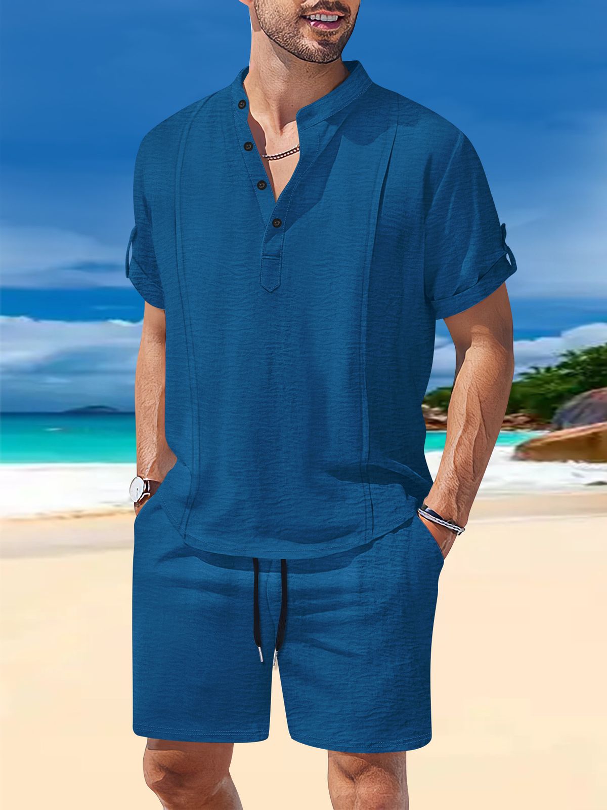 Men's Clothing Summer European And American Cross Border Men's Clothing Multi Pocket Workwear Short Sleeved T Shirt Shorts Casual Suit_viptrois.com