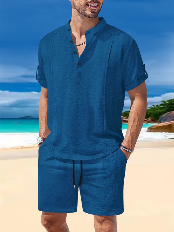 Men's Clothing Summer European And American Cross Border Men's Clothing Multi Pocket Workwear Short Sleeved T Shirt Shorts Casual Suit_viptrois.com