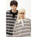 Pure Japanese Retro Color-Block Striped Turn-Down Collar Sweater For Men, Autumn Couple Loose Two-Piece Long Sleeve Polo_viptrois.com