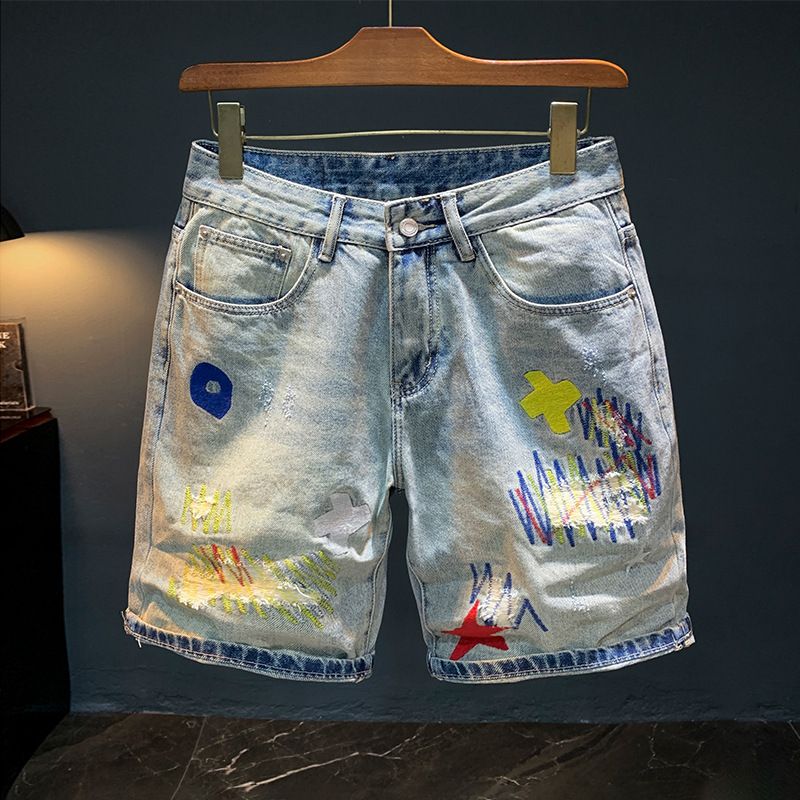 Men's Clothing Destroyed Sewing Denim Shorts Men Summer Thin Light Blue Shorts Printed Loose Five Point Casual Pants_viptrois.com