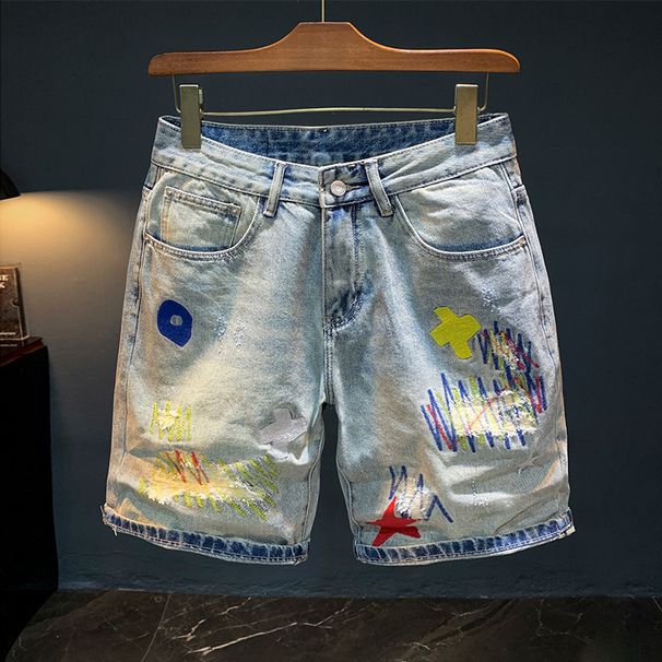 Men's Clothing Destroyed Sewing Denim Shorts Men Summer Thin Light Blue Shorts Printed Loose Five Point Casual Pants_viptrois.com