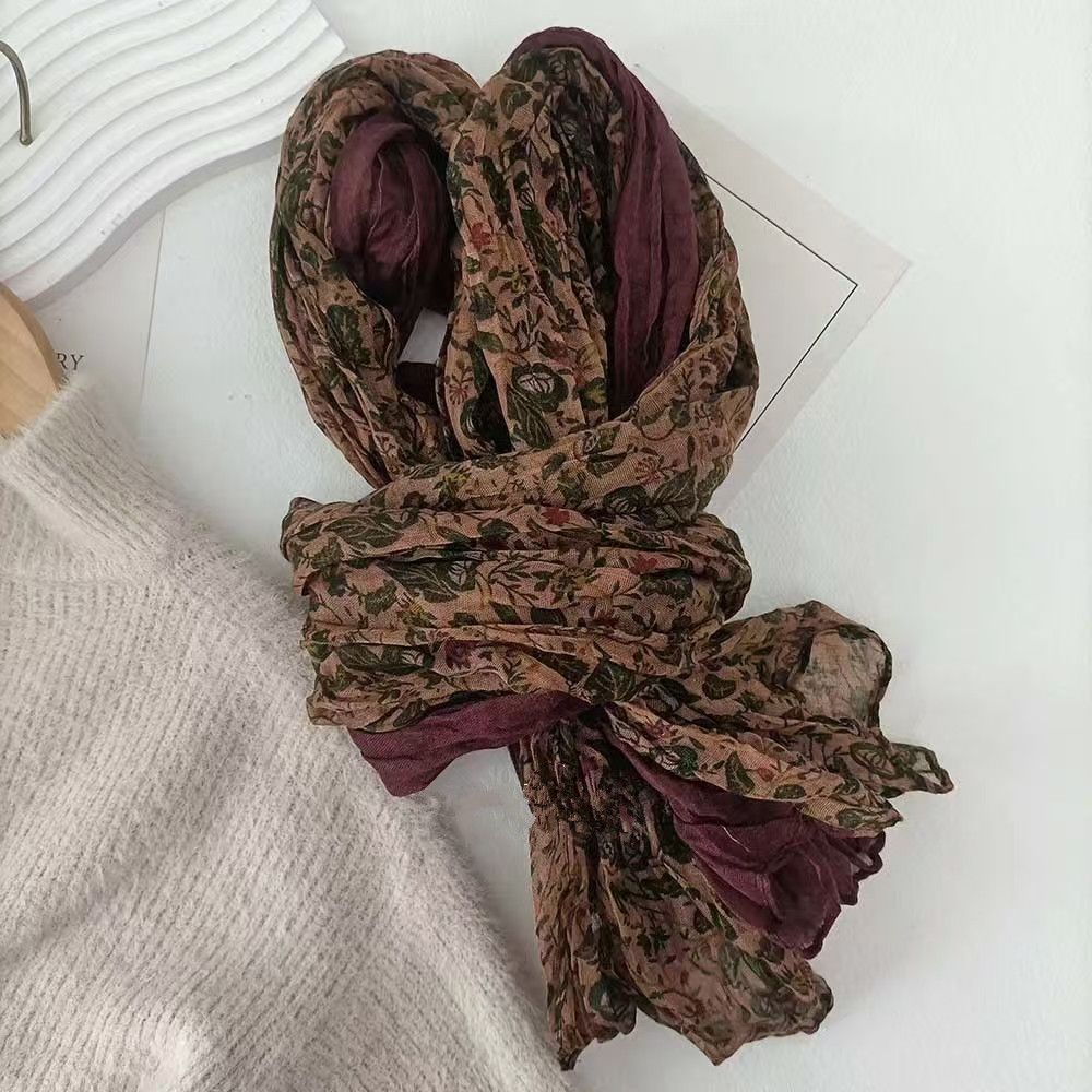 90x180 Cotton Linen Wrinkled Color Block Korean Style For Women Autumn Winter Fashionable Versatile Student Neck Scarf_viptrois.com