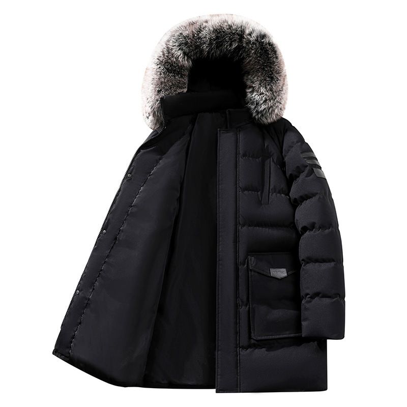 Men's Mid-Length Winter Coat – Detachable Fur Collar & Hood, Heavyweight Cotton Blend For Extreme Cold (Black/Green/Blue, Sizes M-8XL)_viptrois.com