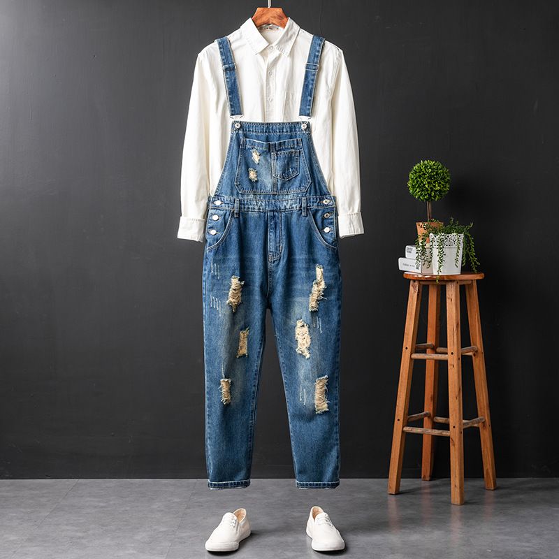 Men's Clothing Hong Kong style brand loose one piece nine point pants men's ripped nostalgic age reducing denim overalls summer overalls men_viptrois.com