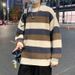 Round neck sweater for men, autumn and winter vintage loose horizontal stripe thick thread knitted sweater, winter top for men_viptrois.com