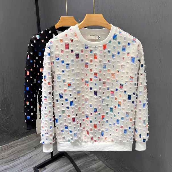 Design Sense Worn Plaid Sweater Men's Spring And Autumn Trendy Brand Ruffian Handsome Round Neck Men's Top 2024 New Bottoming Shirt_viptrois.com