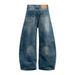 Distressed Washed Denim Scimitar Punk Street Style Loose Wide-Leg Dad Men's Sickle Long Pants_viptrois.com