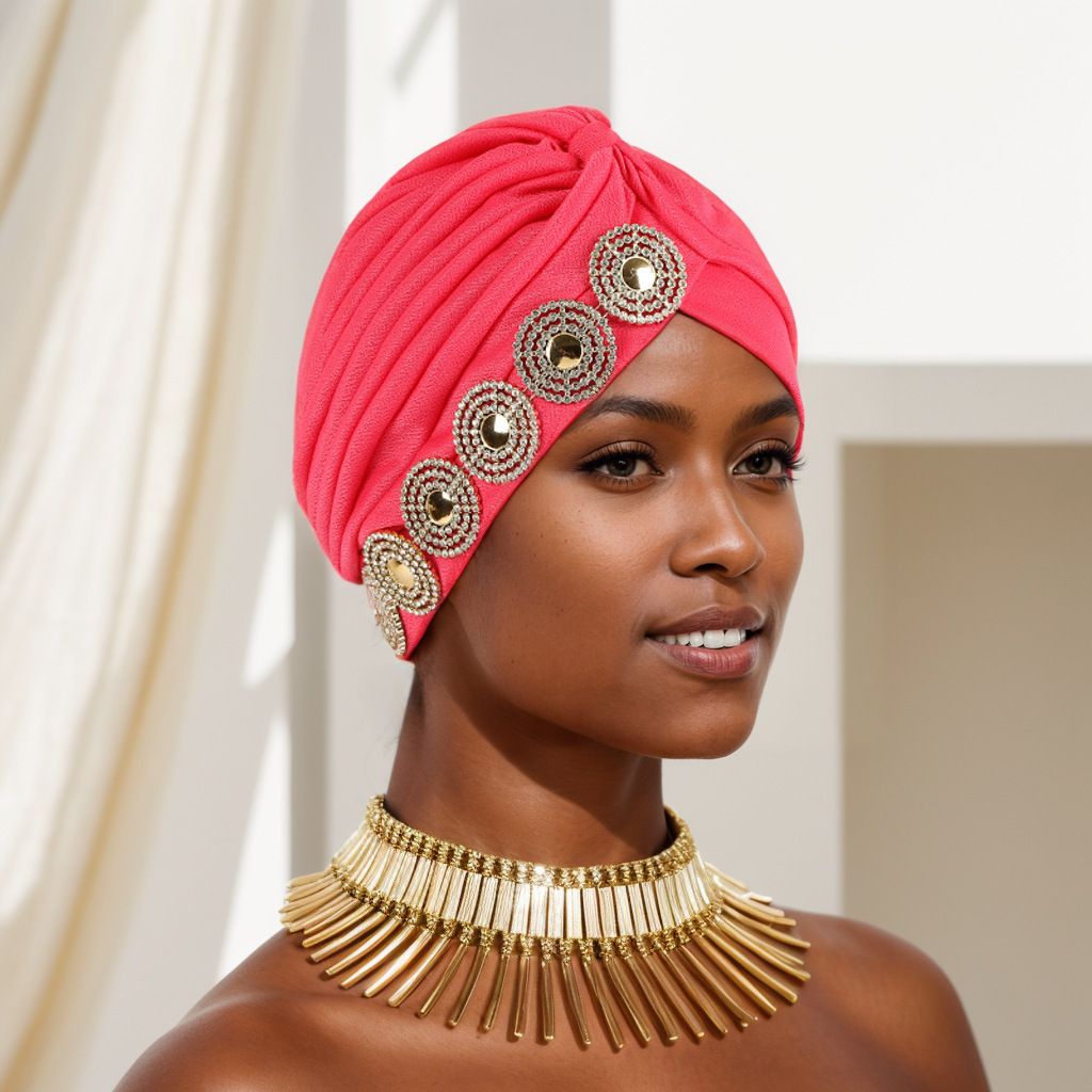 New Fashion Pleated Watermelon Hat With Round Diamonds On The Side Of The Head Indian Hat Turban Hat_viptrois.com