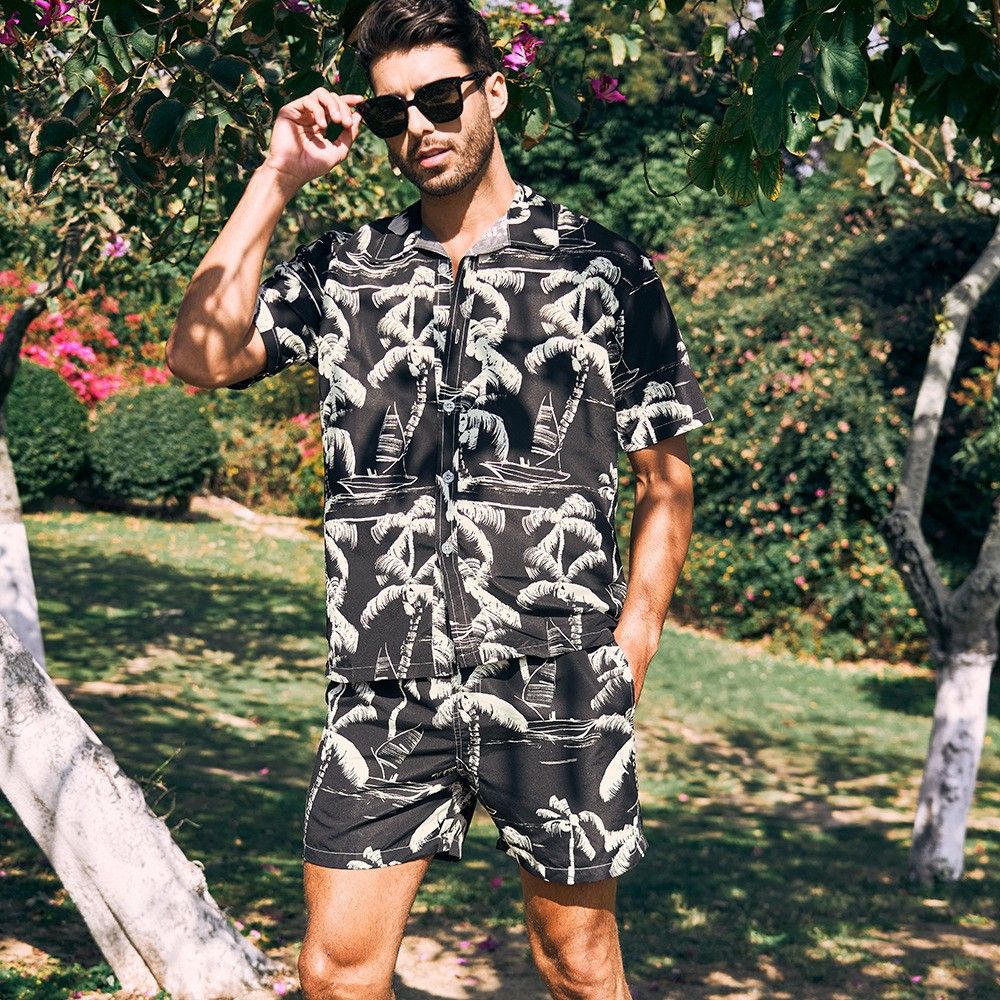 Men's Clothing Printed Beach Suit Men's Handsome Trendy Short Sleeved Shirt Shorts Large Size Floral Shirt Men's Two Piece_viptrois.com