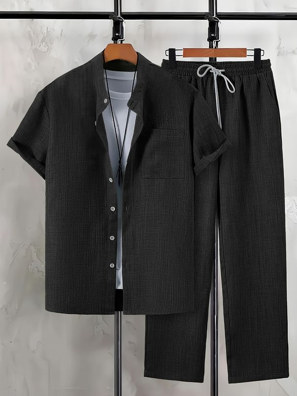 Men's Casual Short Sleeve Cardigan Collar Shirt Set Trendy Long Sleeve Clothing_viptrois.com